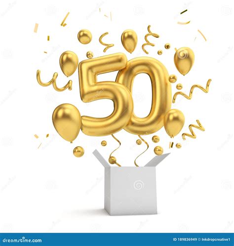 Happy 50th Birthday Gold Surprise Balloon And Box 3d Rendering Stock