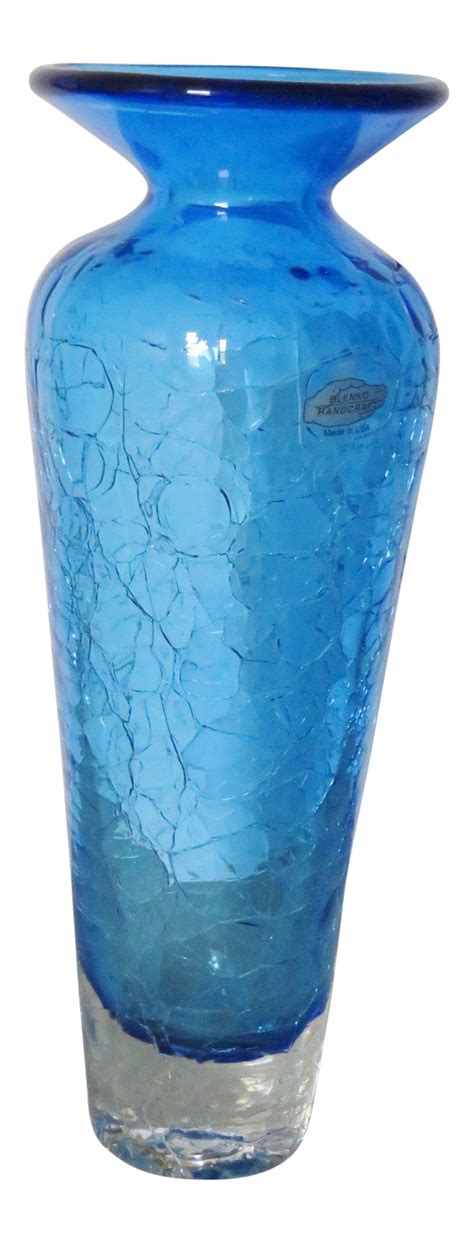 Late 20th Century Blenko Blue Crackle Glass Vase Chairish