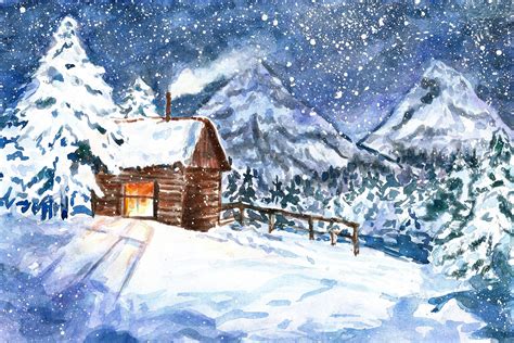 Snow House Christmas Digital Art Print Winter Wonderland Etsy