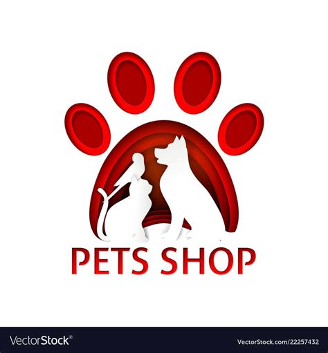 Pets Shop Logo Design Template Vector Paper Art Illustration Of Red