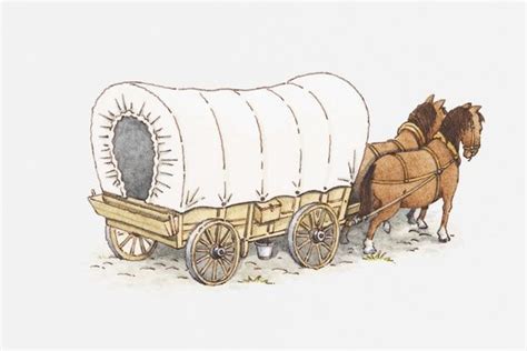 Prints Of Illustration Of Pair Of Horses Pulling A Covered Wagon