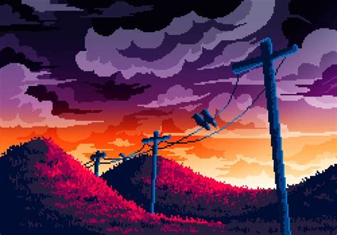 An Image Of A Sunset Scene With Telephone Poles And Mountains In The