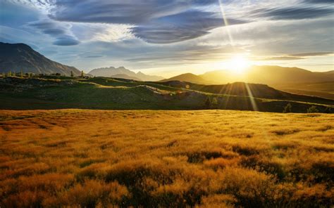 Nature Landscapes Meadow Fields Mountains Sky Clouds Sunset