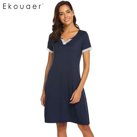 Ekouaer Women Chemise Sleepshirts Nightgown V Neck Short Sleeve Lace