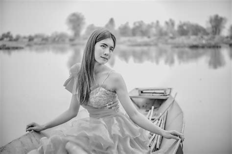 Asia Beautiful Woman In Yellow Dress Sit On Boat Stock Photo Download
