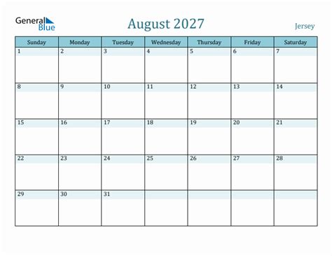 Jersey Holiday Calendar For August 2027