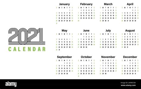 2021 Calendar Template Ilustración Vectorial Diseño Sencillo La Semana Comienza El Domingo