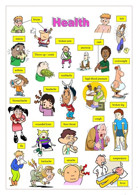 Learn illness and disease names with pictures and examples to improve and enhance your vocabulary in english. Health 1 worksheet - Free ESL printable worksheets made by ...