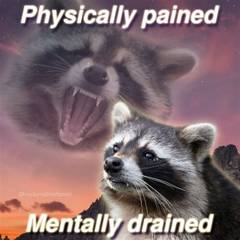 Two Raccoons With Their Mouths Open And The Caption Says Physically