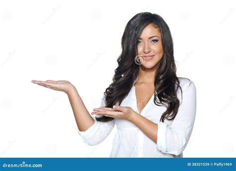 Woman Holding Blank Copy Space On Her Open Palm Stock Image Image Of