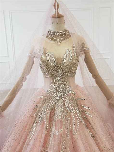 ombre pink beaded crystals sparkle ball gown wedding dress