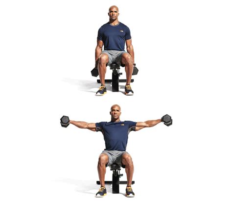 Raise both dumbbells sideways until your arms are parallel to the ground and lower them back down slowly after a short pause. Seated dumbbell lateral raise Video - Watch Proper Form ...