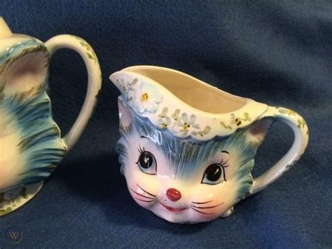 Vintage 1950s Lefton China Miss Priss Blue Kitty Cat Tea Pot Sugar Creamer 1761832417