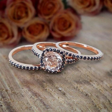 2 Carat Morganite And Black Diamond Trio Wedding Ring Bridal Ring Set