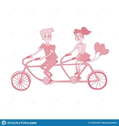 Happy Young Couple Riding Tandem Bicycle Stock Vector Illustration Of