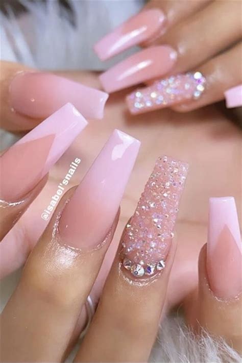 Light Pink Coffin Nails With Diamonds A Playful Look That Can Work