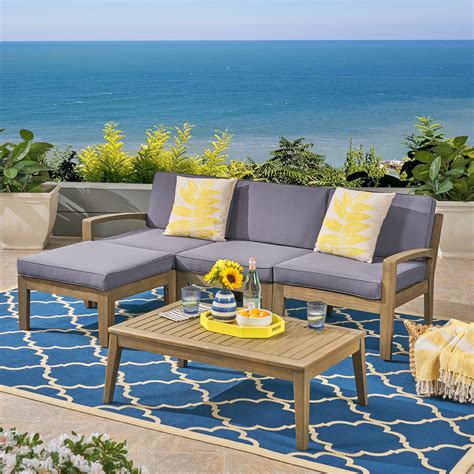 Wilcox Outdoor 5 Piece Acacia Wood Sectional Sofa Set With Cushions