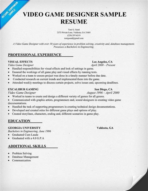 video game designer resume sample resumecompanioncom