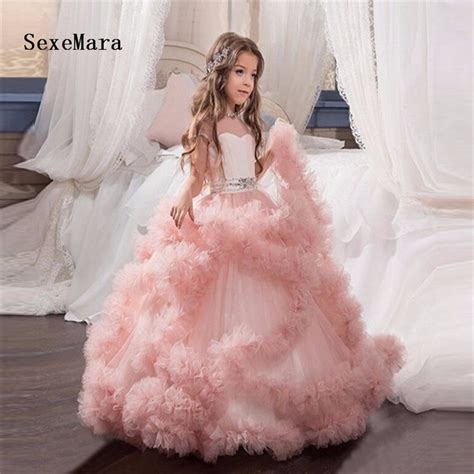 New Blush Pink Flower Girl Dresses For Wedding Ball Gown Cloud Beaded