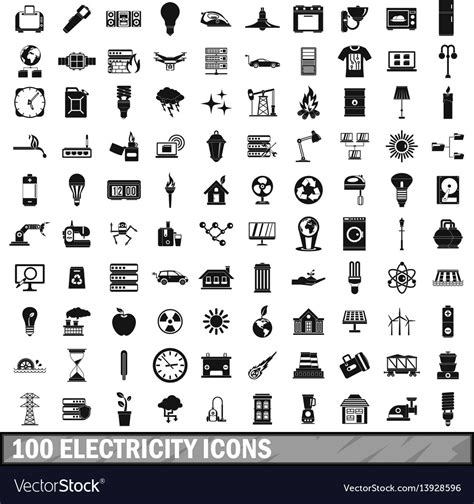 100 Electricity Icons Set Simple Style Royalty Free Vector