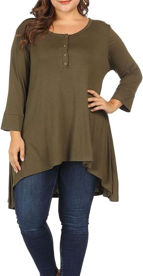 Allegrace Women Plus Size Henley Button Long Sleeve Tunic Shirts Round Neck Long Tunics Top Army
