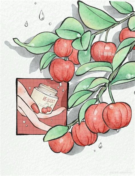Watercolor And Ink Painting Of Cherries On A Branch With A Jar Of Honey