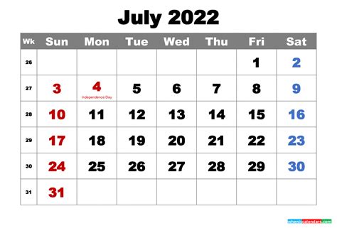Free July 2022 Calendar With Holidays Printable