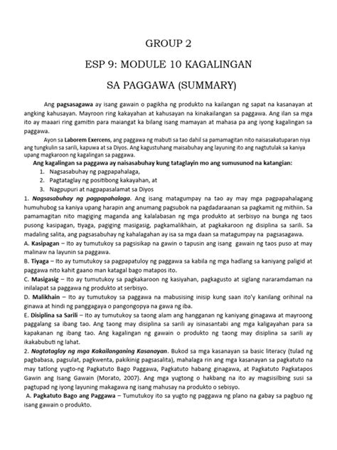 Esp 9 Module 10 Kagalingan Sa Paggawa Summary Group 2 Pdf