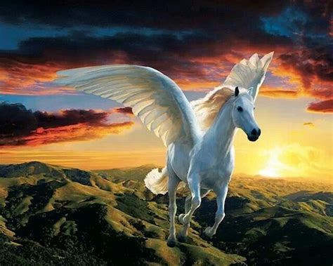 A White Horse With Wings Flying In The Air Over Mountains And Hills At