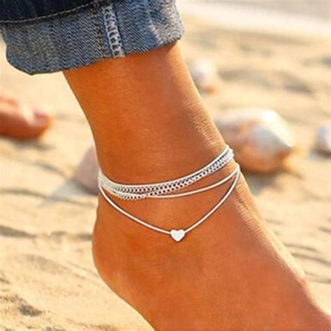 Bohemian Silver Heart Multi Chain Anklet Ankle Bracelet Ankle Bracelets Heart Ankle Bracelet