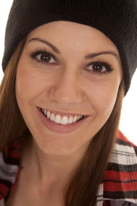 woman in beanie and plaid shirt sit lean forward stock image image of face lips 38006699