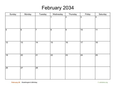 Basic Calendar For February 2034