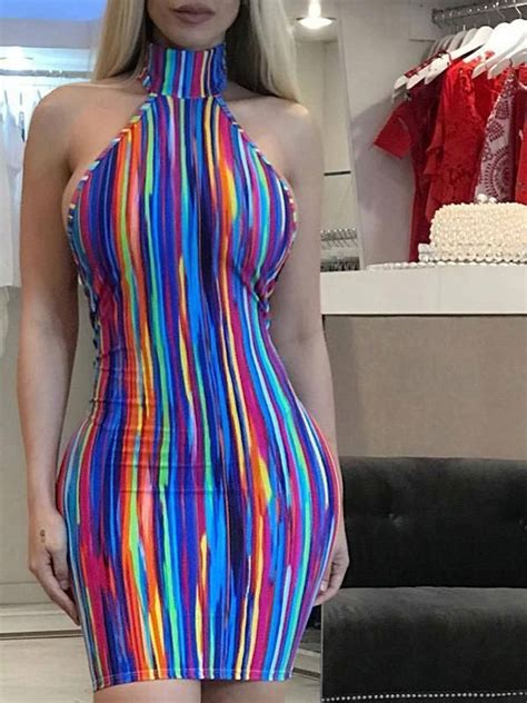 rainbow halterneck backless dress bodycon dress casual backless bodycon dresses striped