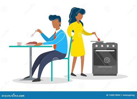Woman And Man On The Kitchen Female Character Cooking Stock Vector