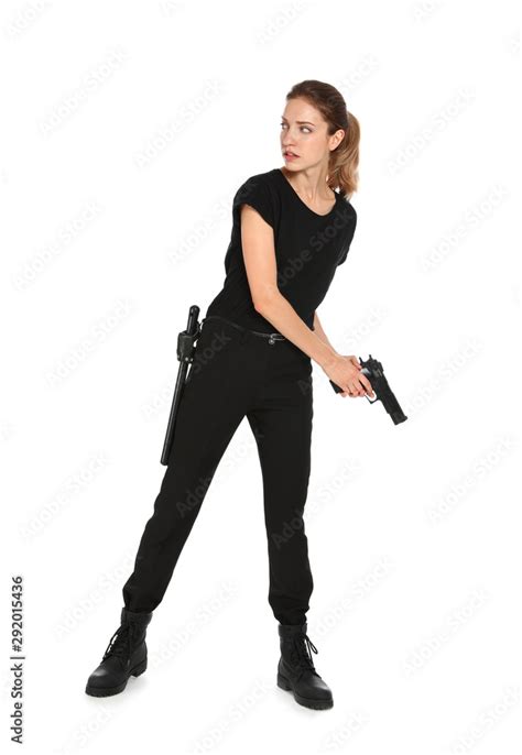 Female Security Guard In Uniform With Gun On White Background Stock