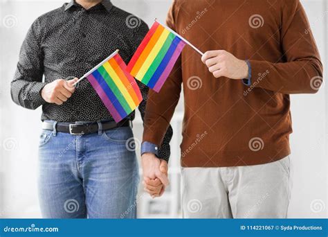 male couple with gay pride flags holding hands stock image image of homosexual person 114221067