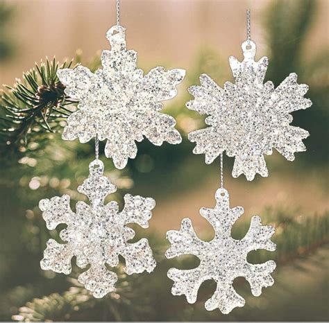 Snowflake Christmas Ornaments Set Of 4 Silver Glitter