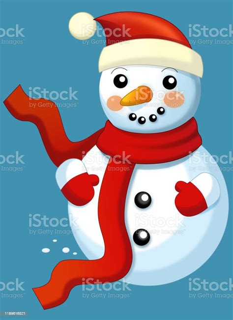 Happy Cartoon Snowmen Smiling And Watching Isolated On Background Stock