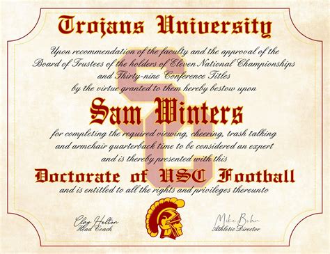 Usc Trojans Ultimate Football Fan Personalized Diploma 85 X 11
