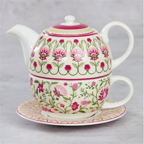 Bone China Tea For One Set Teapot Cup Saucer In Pretty Pink And