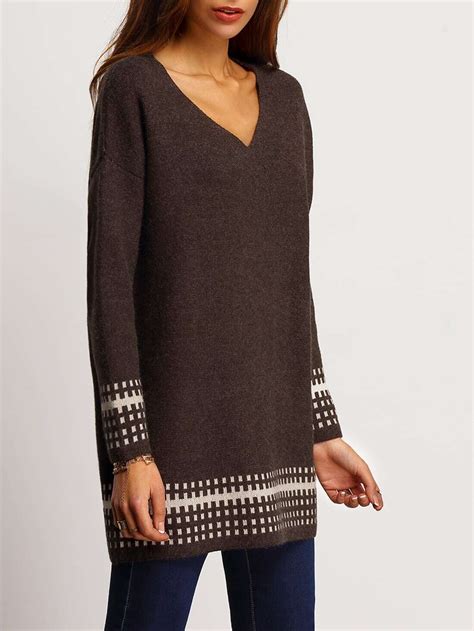 Grey V Neck Geometric Pattern Sweater Sheinsheinside