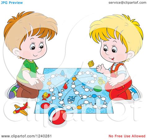 Clipart Of Happy Caucasian Boys Playing A Board Game Royalty Free