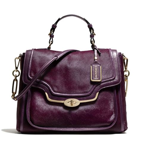 coach madison sadie flap satchel in mixed haircalf in purple light gold black violet lyst