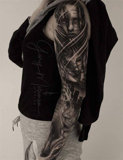 Womens Black And Grey Sleeve Tattoo By Gary Mossman Tattoo Insider