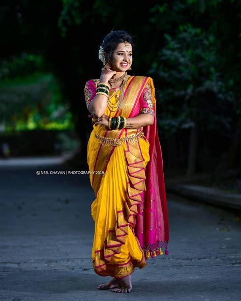Beautiful Maharashtrianbride In Yellow And Pink Saree Draped In Such A