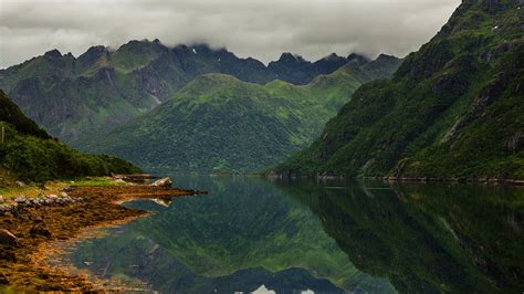 Rugged Green Mountains Reflected In A Lake In Norway Windows 10