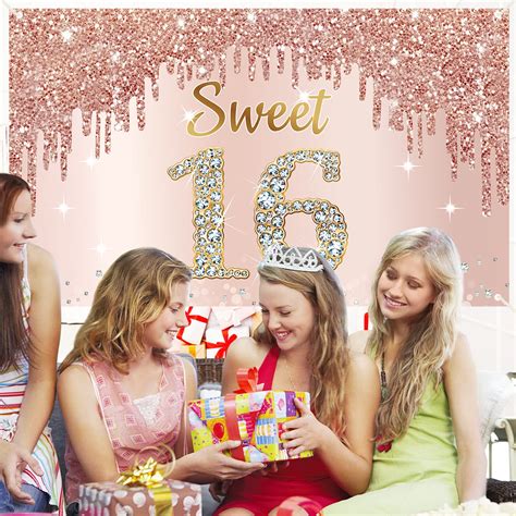 Happy Sweet 16th Birthday Banner Backdrop Decorations For Girls Rose