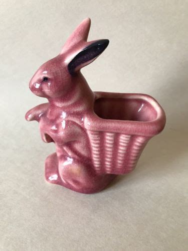Vtg Small Mccoy Usa Pottery Bunny Rabbit Planter Paw Raised Pink
