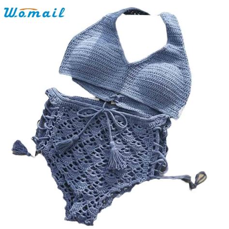 buy 2017 1 set women handmade knitted sexy knitting bikini set swimwear bra
