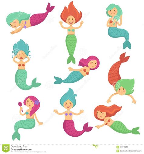 Mermaid Cartoon Funny Cute Characters Vector Isolated Kid Design Icons